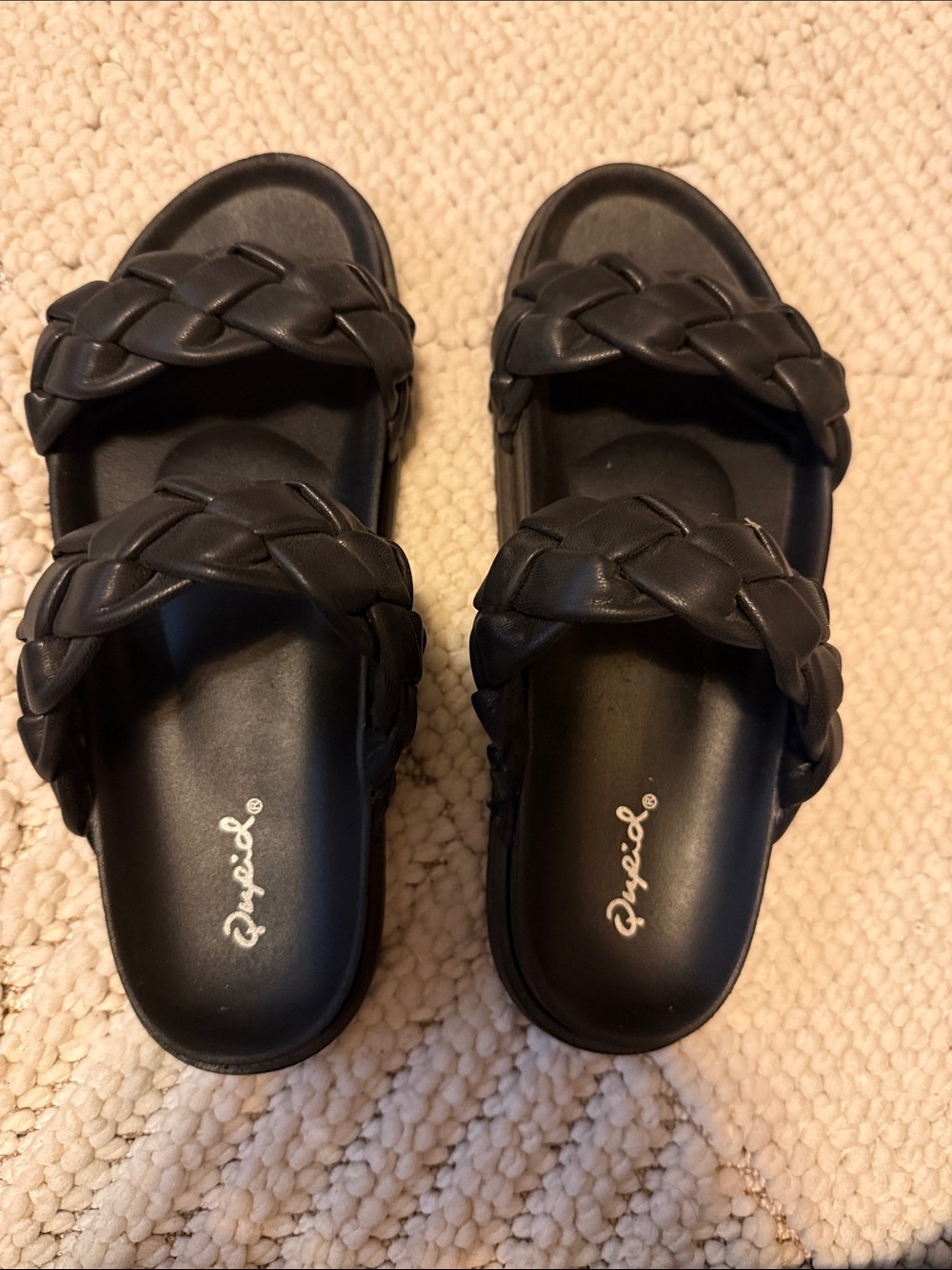 Qupid Black Braided Double-Strap Slide Sandals